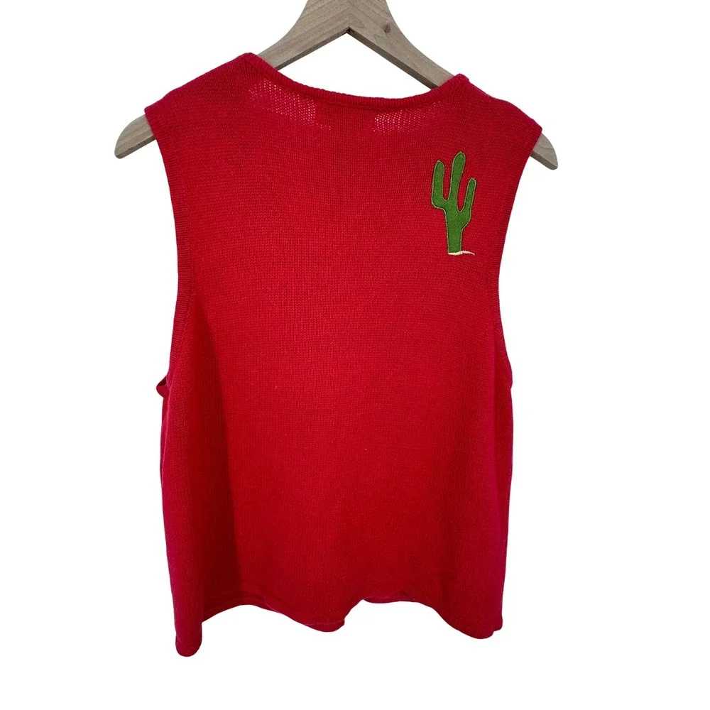 Tiara‎ International Sweater Vest Large Red Western Cowgirl Cactus Zip Vintage